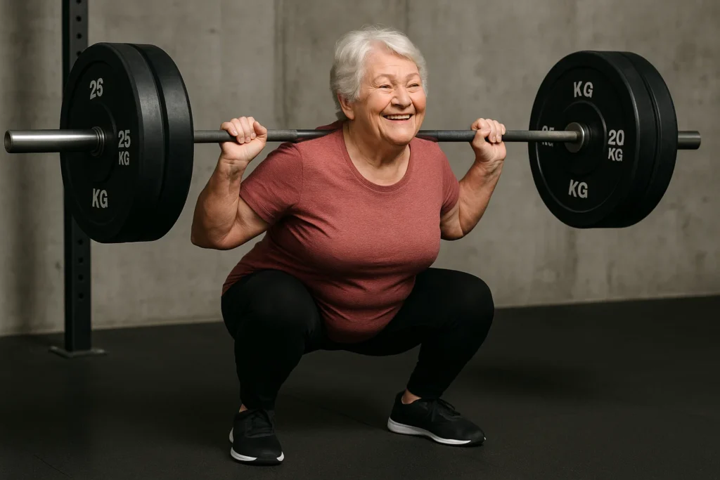 бабка приседает со штангой